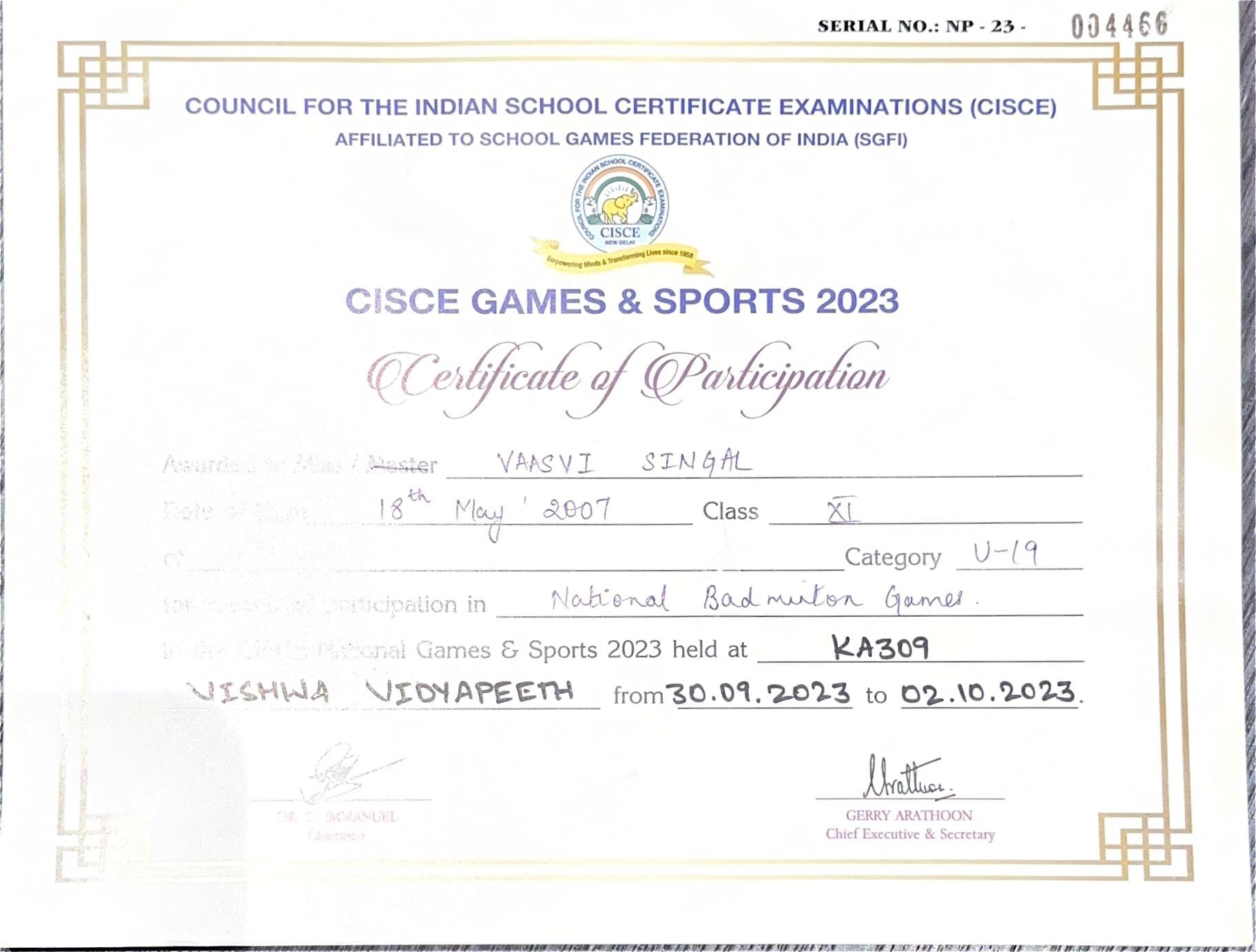 Certificate of Vaasvi Singal