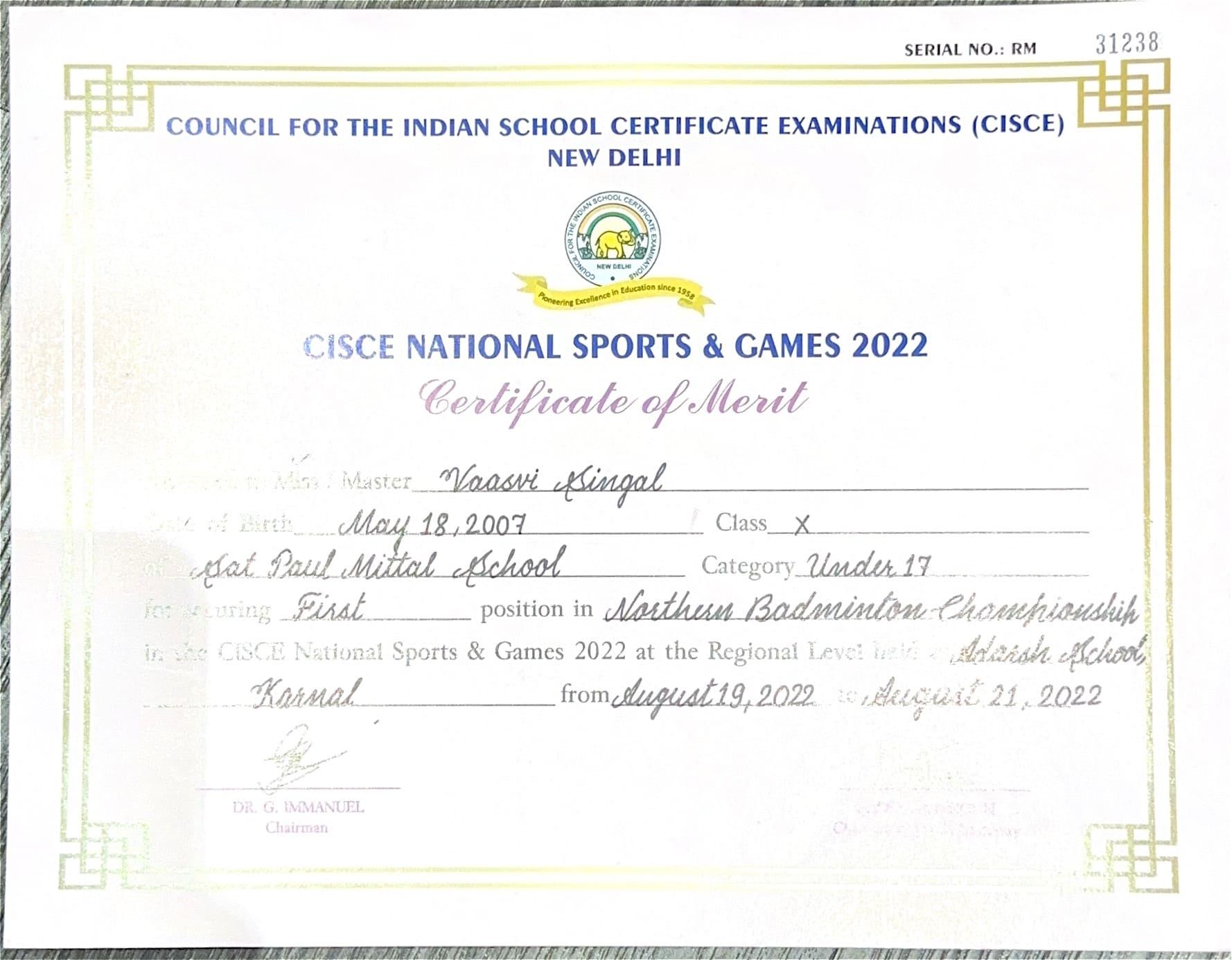 Certificate of Vaasvi Singal