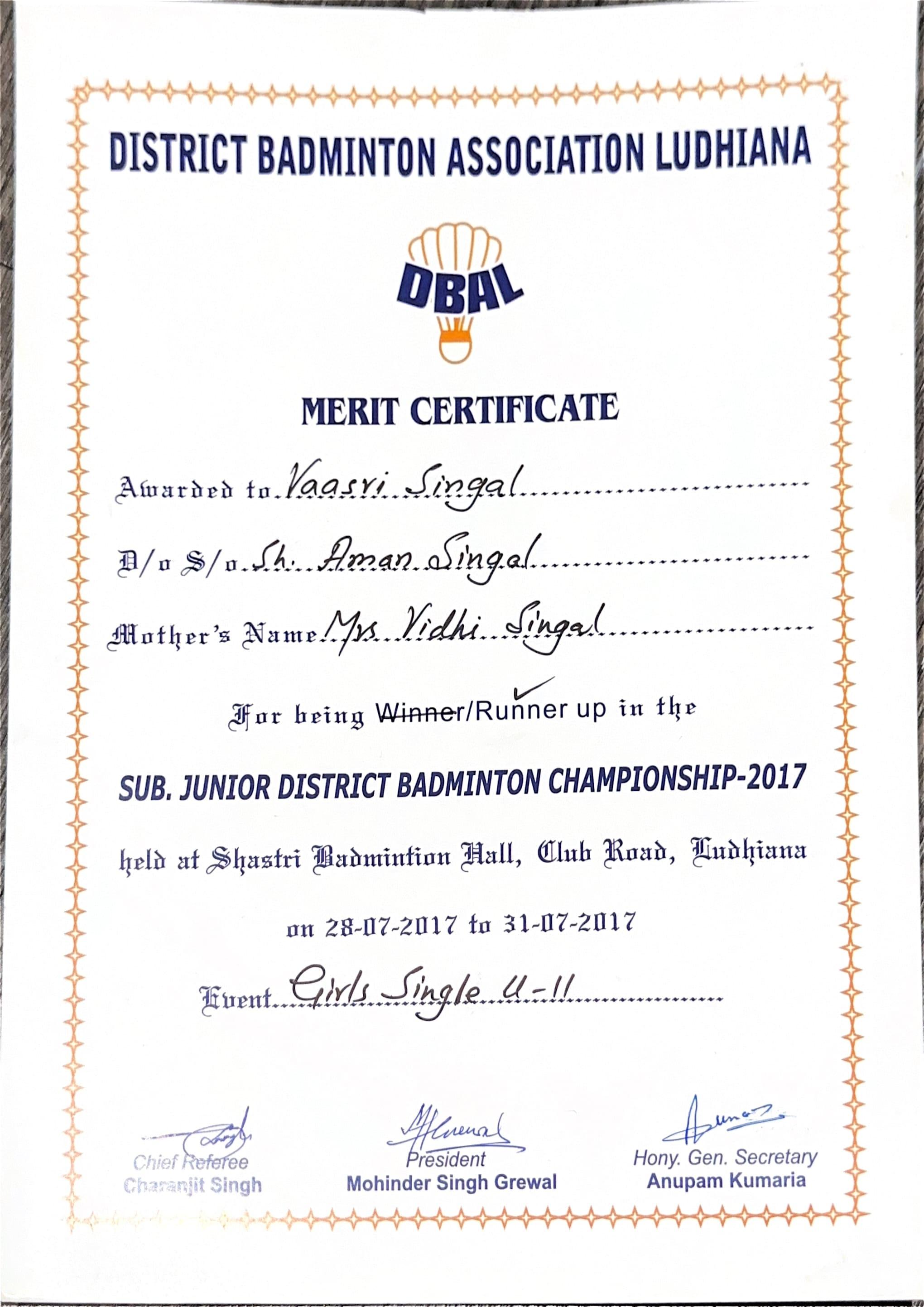 Certificate of Vaasvi Singal