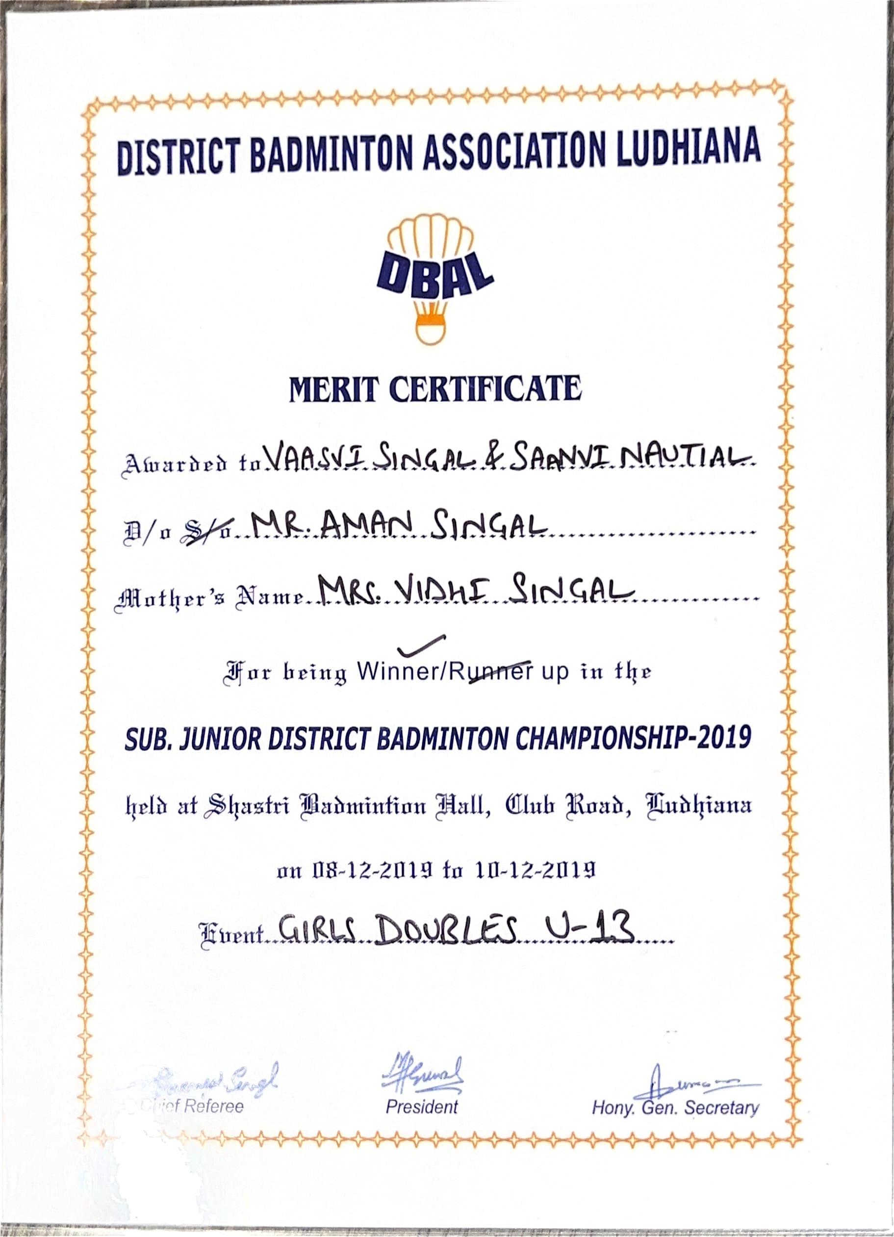 Certificate of Vaasvi Singal