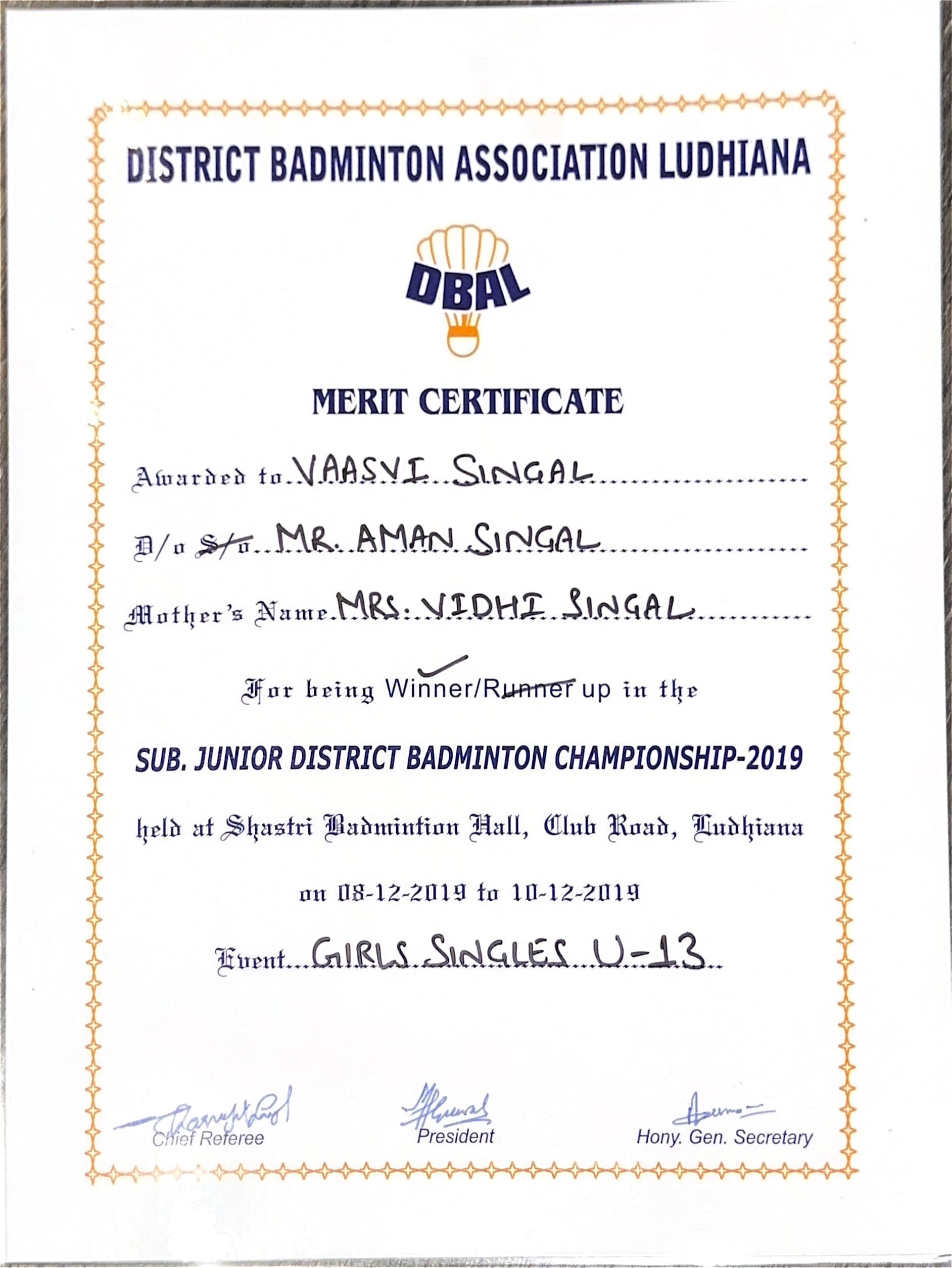 Certificate of Vaasvi Singal