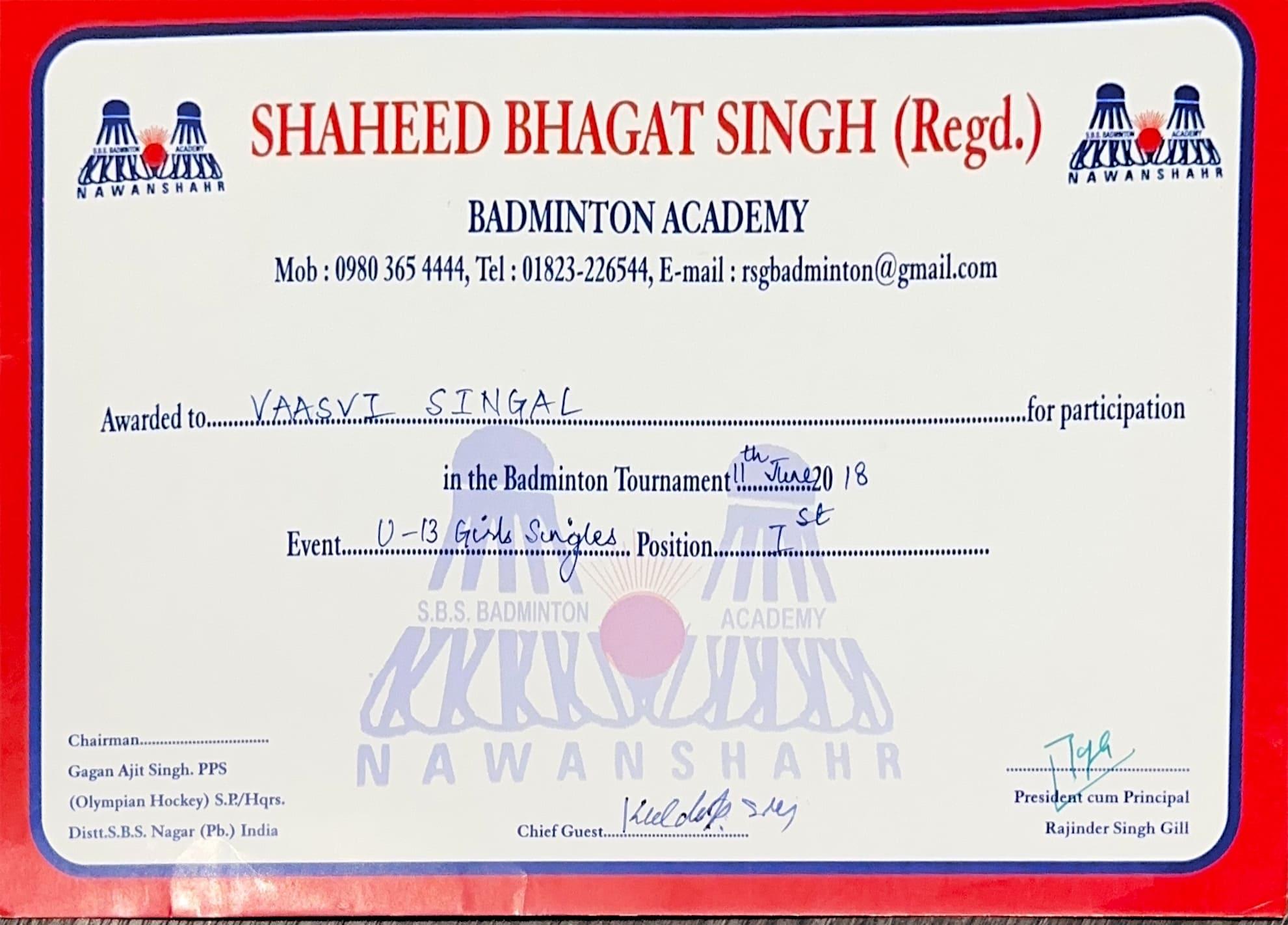 Certificate of Vaasvi Singal