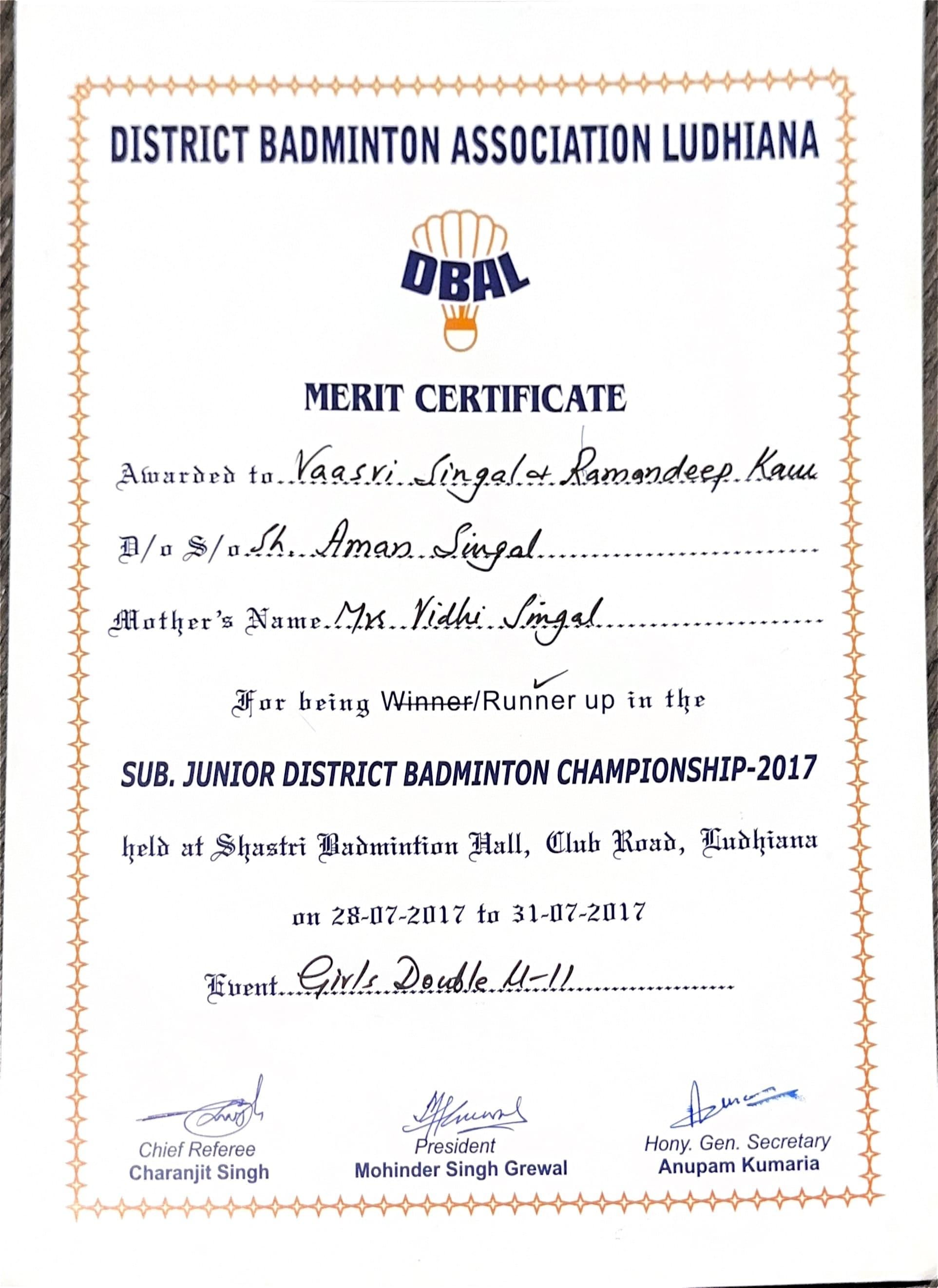 Certificate of Vaasvi Singal