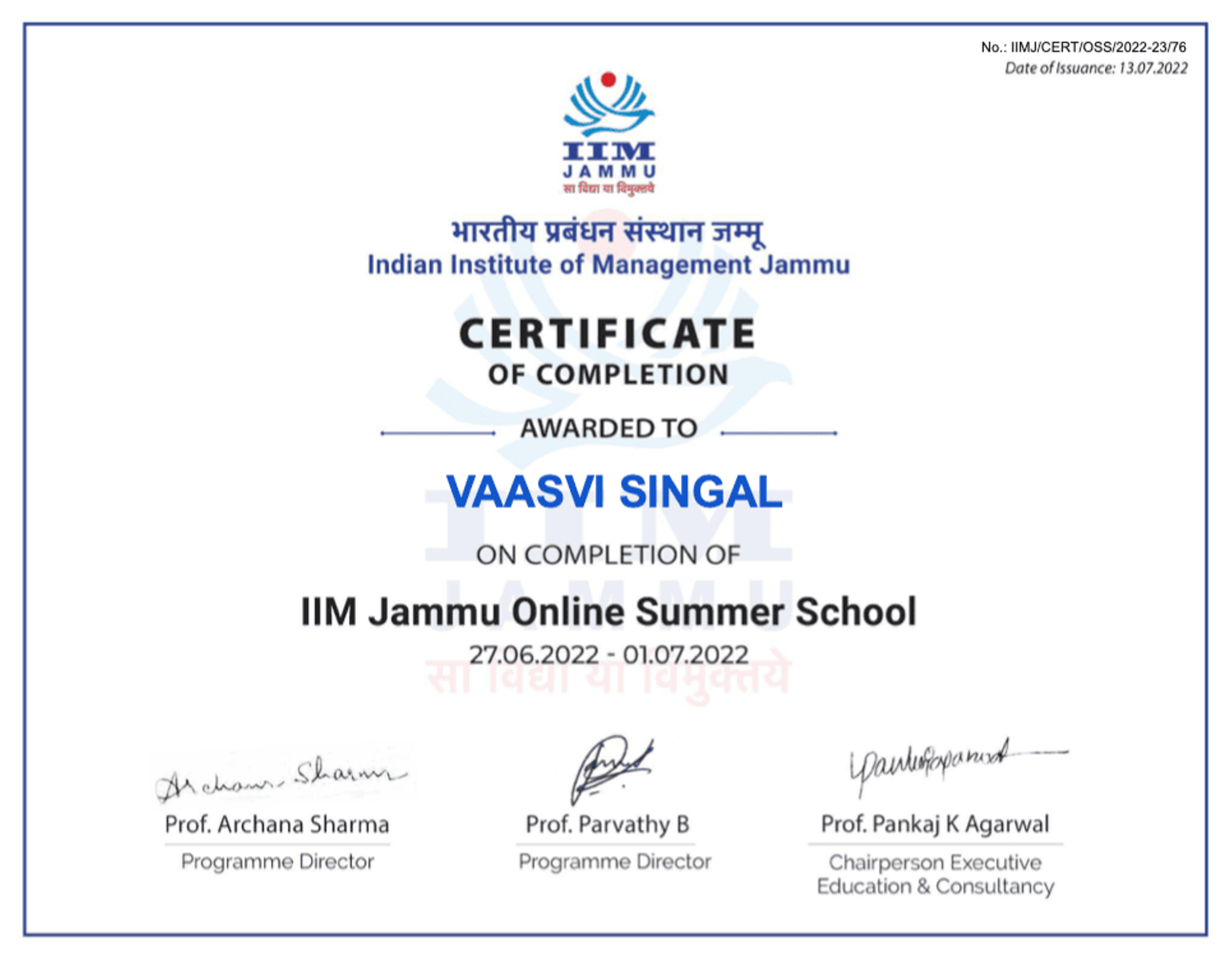 Internship certificate from IIM Jammu